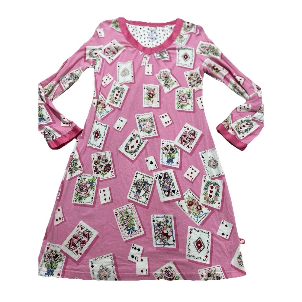 Nick & Nora Cotton Knit Nightgown Size S Playing Cards Long Sleeve V Neck
